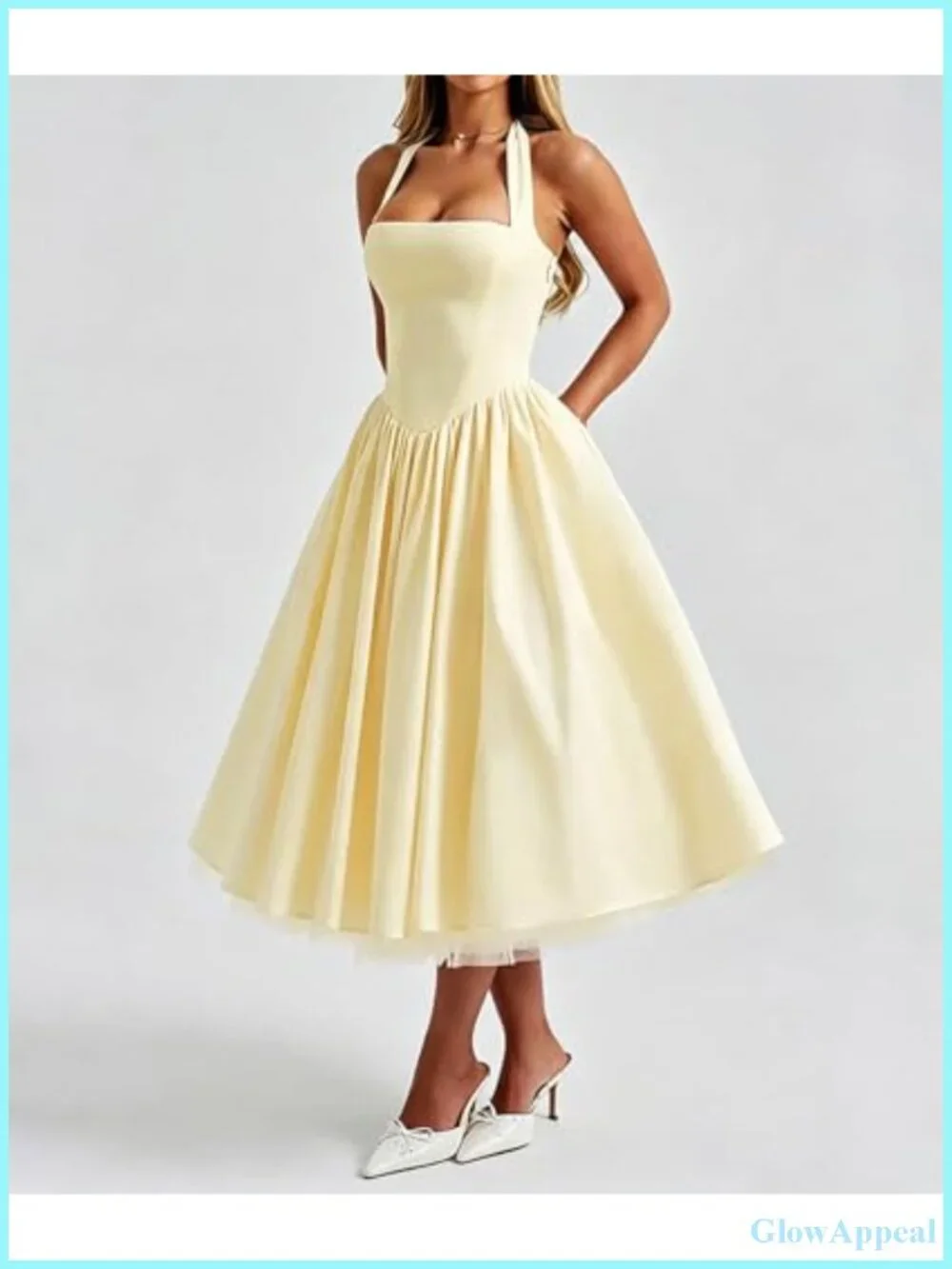 Halter Low Cut Sleeveless A Line Tulle Swing Flowy Tea Length Corset Prom